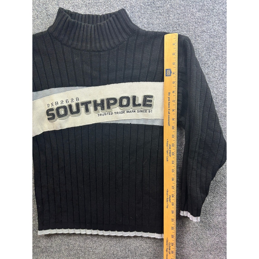 Vintage Y2K Southpole Ribbed Mock Neck Sweater Mens L Black  Logo Stripe - Picture 2 of 6